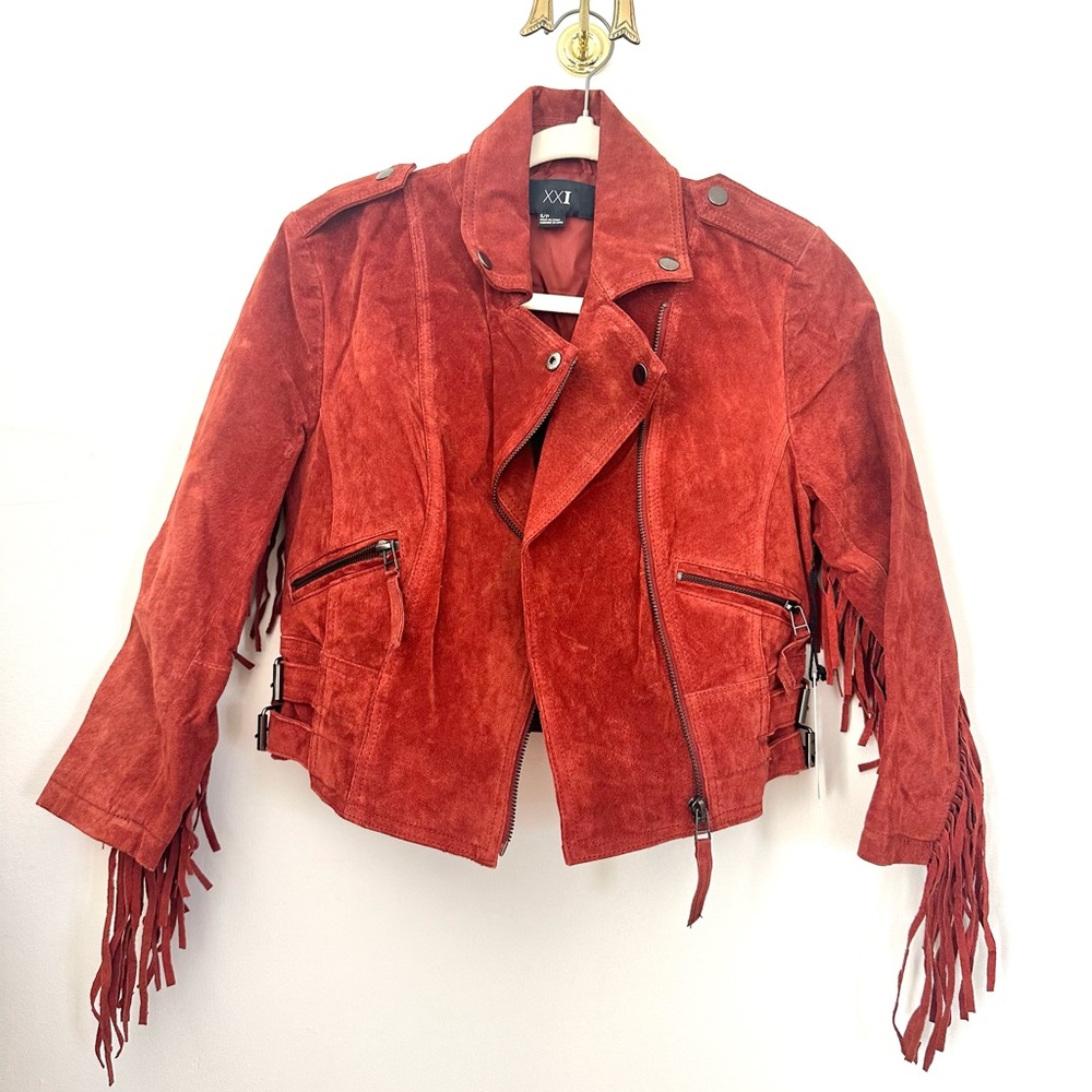 Forever 21 Red Suede Fringe Moto Jacket